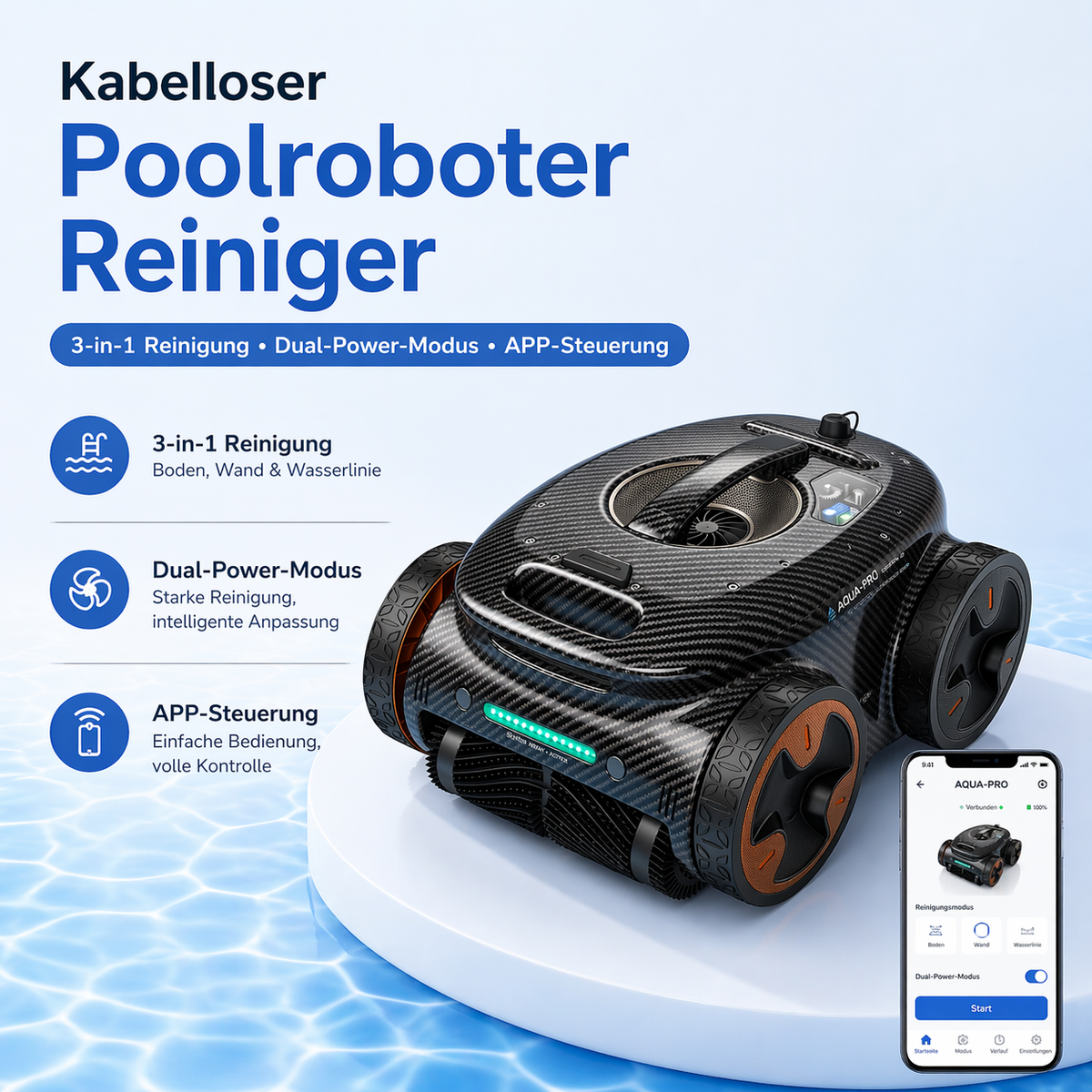 3-in-1 KI-gestützter, kabelloser, ultraleichter Poolreinigungsroboter aus Kohlefaser